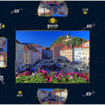 Darstellung des Puzzle Motivs Hauptplatz mit Blick zum Schlossberg und dem Uhrturm - Österreich 100 Puzzle Schachtel 3D Modell