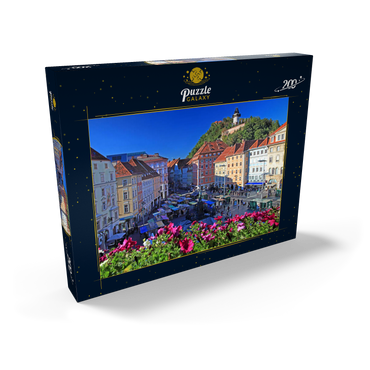 Darstellung des Puzzle Motivs Hauptplatz mit Blick zum Schlossberg und dem Uhrturm - Österreich 200 Puzzle Schachtel Ansicht2