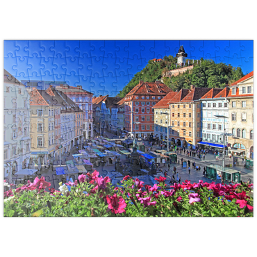 Darstellung des Puzzle Motivs puzzleplate Hauptplatz mit Blick zum Schlossberg und dem Uhrturm - Österreich 200 Puzzle
