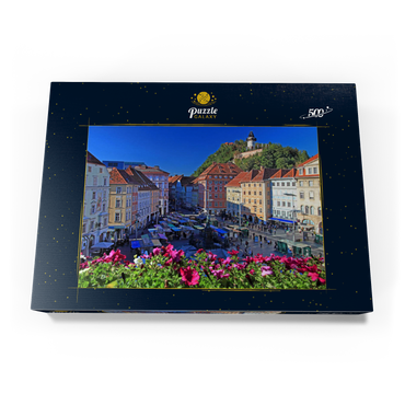 Darstellung des Puzzle Motivs Hauptplatz mit Blick zum Schlossberg und dem Uhrturm - Österreich 500 Puzzle Schachtel Ansicht3