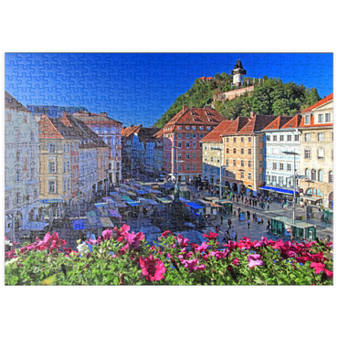 Darstellung des Puzzle Motivs puzzleplate Hauptplatz mit Blick zum Schlossberg und dem Uhrturm - Österreich 500 Puzzle