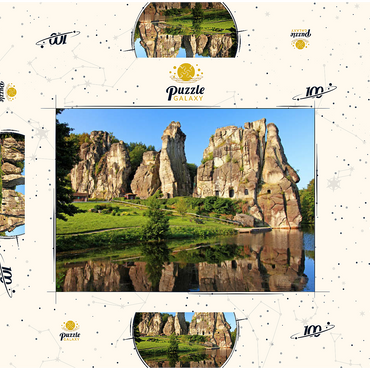 Darstellung des Puzzle Motivs Externsteine im Morgenlicht bei Horn-Bad Meinberg, Nordrhein-Westfalen, Deutschland 100 Puzzle Schachtel 3D Modell