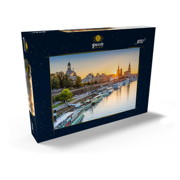 Darstellung des Puzzle Motivs Brühlsche Terrasse an der Elbe mit der Frauenkirche, Schloss und der Hofkirche bei Sonnenuntergang 1000 Puzzle Schachtel Ansicht2
