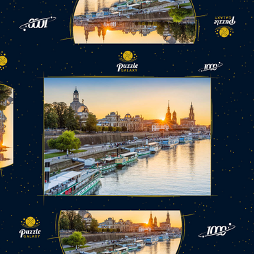 Darstellung des Puzzle Motivs Brühlsche Terrasse an der Elbe mit der Frauenkirche, Schloss und der Hofkirche bei Sonnenuntergang 1000 Puzzle Schachtel 3D Modell