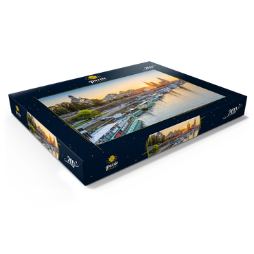 Darstellung des Puzzle Motivs Brühlsche Terrasse an der Elbe mit der Frauenkirche, Schloss und der Hofkirche bei Sonnenuntergang 200 Puzzle Schachtel Ansicht1