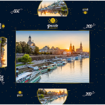 Darstellung des Puzzle Motivs Brühlsche Terrasse an der Elbe mit der Frauenkirche, Schloss und der Hofkirche bei Sonnenuntergang 200 Puzzle Schachtel 3D Modell