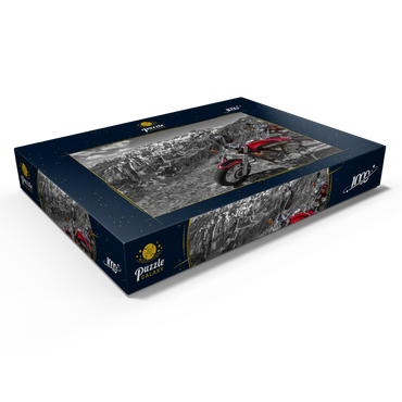 Darstellung des Puzzle Motivs Blick zur Grimselpassstrasse (2165m) mit Motorrädern, Obergoms, Kanton Wallis, Schweiz 1000 Puzzle Schachtel Ansicht1