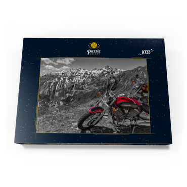 Darstellung des Puzzle Motivs Blick zur Grimselpassstrasse (2165m) mit Motorrädern, Obergoms, Kanton Wallis, Schweiz 1000 Puzzle Schachtel Ansicht3