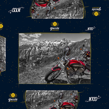 Darstellung des Puzzle Motivs Blick zur Grimselpassstrasse (2165m) mit Motorrädern, Obergoms, Kanton Wallis, Schweiz 1000 Puzzle Schachtel 3D Modell
