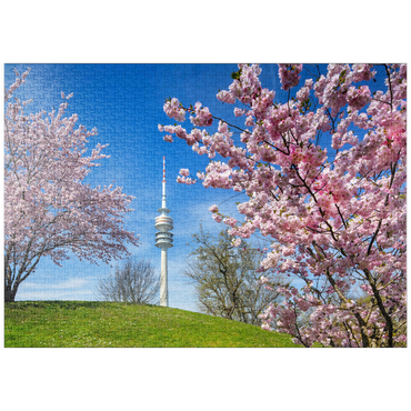 Darstellung des Puzzle Motivs puzzleplate Kirschblüte im Olympiapark am Olympiaturm, München, - Deutschland 1000 Puzzle