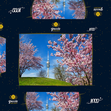 Darstellung des Puzzle Motivs Kirschblüte im Olympiapark am Olympiaturm, München, - Deutschland 1000 Puzzle Schachtel 3D Modell