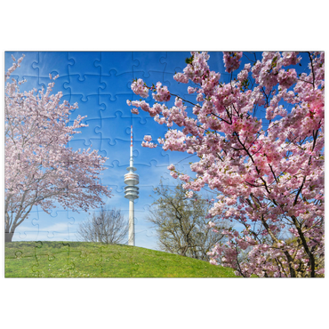 Darstellung des Puzzle Motivs puzzleplate Kirschblüte im Olympiapark am Olympiaturm, München, - Deutschland 100 Puzzle