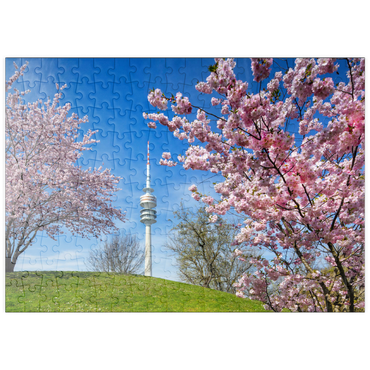 Darstellung des Puzzle Motivs puzzleplate Kirschblüte im Olympiapark am Olympiaturm, München, - Deutschland 200 Puzzle
