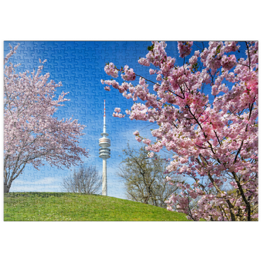 Darstellung des Puzzle Motivs puzzleplate Kirschblüte im Olympiapark am Olympiaturm, München, - Deutschland 500 Puzzle