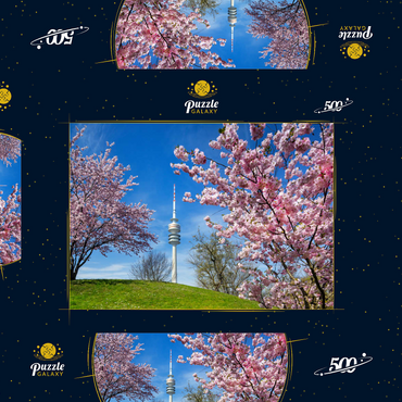 Darstellung des Puzzle Motivs Kirschblüte im Olympiapark am Olympiaturm, München, - Deutschland 500 Puzzle Schachtel 3D Modell