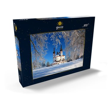Darstellung des Puzzle Motivs Dreifaltigkeitskirche Kappl - Wallfahrtskirche der Heiligsten Dreifaltigkeit im Winter bei Waldsassen 1000 Puzzle Schachtel Ansicht2
