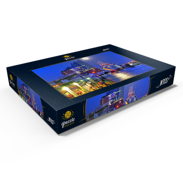Darstellung des Puzzle Motivs St.-Pauli-Landungsbrücken an der Überseebrücke mit Elbphilharmonie in der HafenCity, Hamburg, Deutschland 1000 Puzzle Schachtel Ansicht1