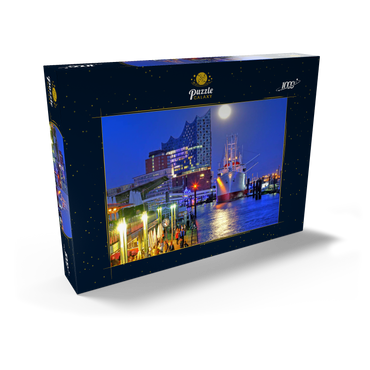 Darstellung des Puzzle Motivs St.-Pauli-Landungsbrücken an der Überseebrücke mit Elbphilharmonie in der HafenCity, Hamburg, Deutschland 1000 Puzzle Schachtel Ansicht2