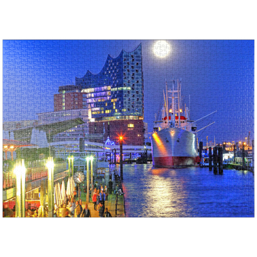Darstellung des Puzzle Motivs puzzleplate St.-Pauli-Landungsbrücken an der Überseebrücke mit Elbphilharmonie in der HafenCity, Hamburg, Deutschland 1000 Puzzle