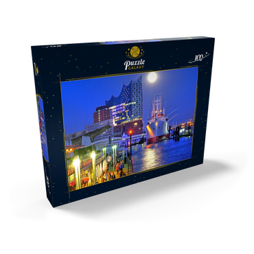 Darstellung des Puzzle Motivs St.-Pauli-Landungsbrücken an der Überseebrücke mit Elbphilharmonie in der HafenCity, Hamburg, Deutschland 100 Puzzle Schachtel Ansicht2