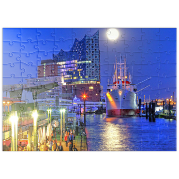 Darstellung des Puzzle Motivs puzzleplate St.-Pauli-Landungsbrücken an der Überseebrücke mit Elbphilharmonie in der HafenCity, Hamburg, Deutschland 100 Puzzle
