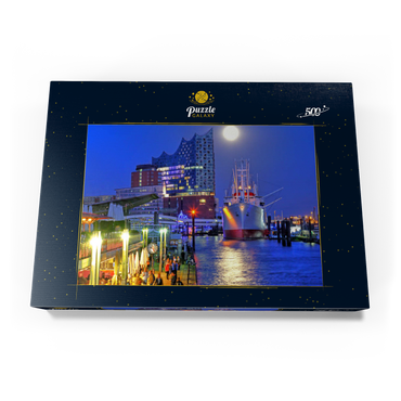Darstellung des Puzzle Motivs St.-Pauli-Landungsbrücken an der Überseebrücke mit Elbphilharmonie in der HafenCity, Hamburg, Deutschland 500 Puzzle Schachtel Ansicht3