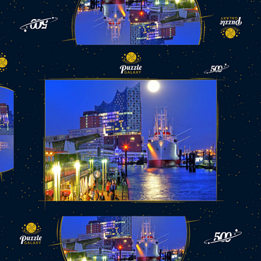 Darstellung des Puzzle Motivs St.-Pauli-Landungsbrücken an der Überseebrücke mit Elbphilharmonie in der HafenCity, Hamburg, Deutschland 500 Puzzle Schachtel 3D Modell