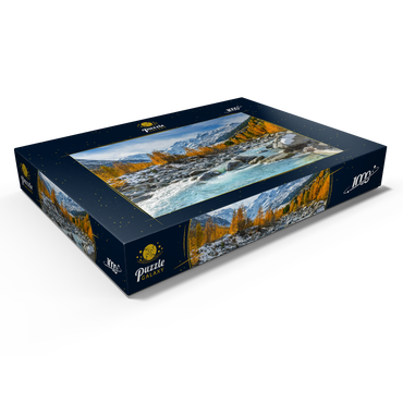 Darstellung des Puzzle Motivs Fluss Ova im Val Mortertsch mit der Bernina Gruppe 1000 Puzzle Schachtel Ansicht1