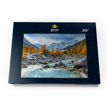 Darstellung des Puzzle Motivs Fluss Ova im Val Mortertsch mit der Bernina Gruppe 1000 Puzzle Schachtel Ansicht3