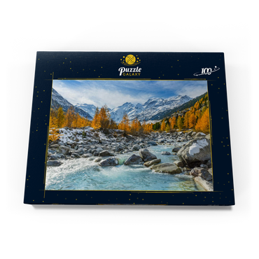 Darstellung des Puzzle Motivs Fluss Ova im Val Mortertsch mit der Bernina Gruppe 100 Puzzle Schachtel Ansicht3