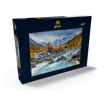 Darstellung des Puzzle Motivs Fluss Ova im Val Mortertsch mit der Bernina Gruppe 500 Puzzle Schachtel Ansicht2