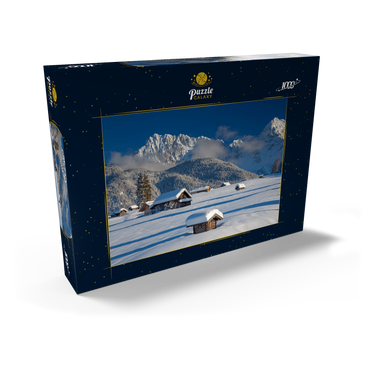 Darstellung des Puzzle Motivs Heustadel auf den Buckelwiesen bei Mittenwald gegen Wörner (2474m) und Karwendelgebirge 1000 Puzzle Schachtel Ansicht2