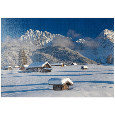 Darstellung des Puzzle Motivs puzzleplate Heustadel auf den Buckelwiesen bei Mittenwald gegen Wörner (2474m) und Karwendelgebirge 1000 Puzzle