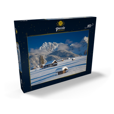 Darstellung des Puzzle Motivs Heustadel auf den Buckelwiesen bei Mittenwald gegen Wörner (2474m) und Karwendelgebirge 100 Puzzle Schachtel Ansicht2