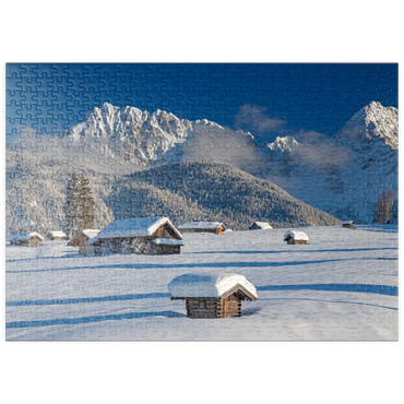 Darstellung des Puzzle Motivs puzzleplate Heustadel auf den Buckelwiesen bei Mittenwald gegen Wörner (2474m) und Karwendelgebirge 500 Puzzle