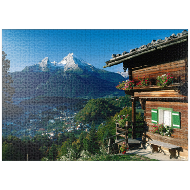 Darstellung des Puzzle Motivs puzzleplate Bauernhaus bei Metzenleiten gegen Watzmann, Deutschland 1000 Puzzle