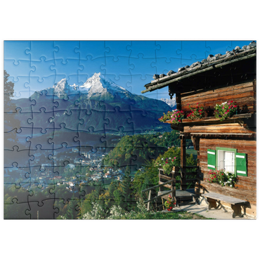 Darstellung des Puzzle Motivs puzzleplate Bauernhaus bei Metzenleiten gegen Watzmann, Deutschland 100 Puzzle