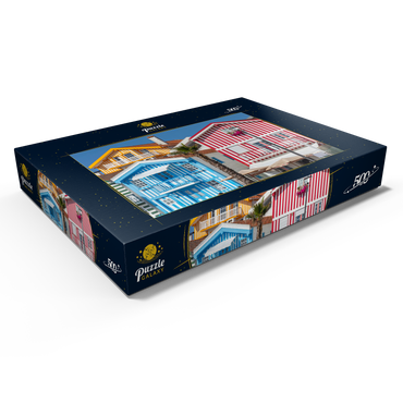 Darstellung des Puzzle Motivs Bunte Holzhäuser im Bade- und Fischerort Costa Nova an der Atlantikküste 500 Puzzle Schachtel Ansicht1