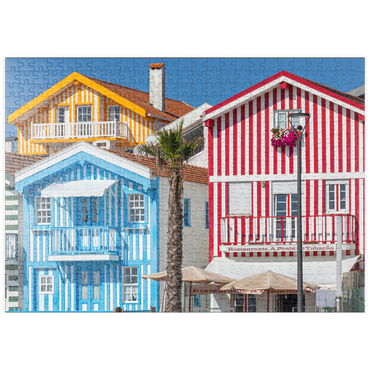 Darstellung des Puzzle Motivs puzzleplate Bunte Holzhäuser im Bade- und Fischerort Costa Nova an der Atlantikküste 500 Puzzle