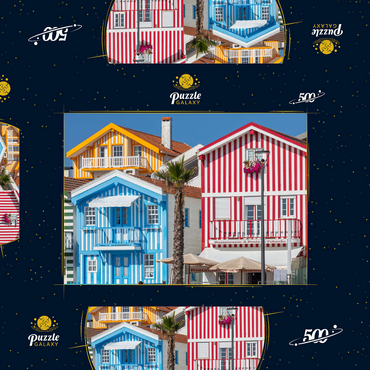 Darstellung des Puzzle Motivs Bunte Holzhäuser im Bade- und Fischerort Costa Nova an der Atlantikküste 500 Puzzle Schachtel 3D Modell