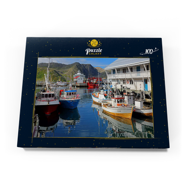 Darstellung des Puzzle Motivs Fischerhafen in Honningsvag, Insel Mageröya, Finnmark, Norwegen 100 Puzzle Schachtel Ansicht3