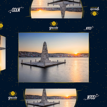 Darstellung des Puzzle Motivs Obelisk in der Bucht von Argostoli im Sonnenuntergang, Insel Kefalonia, Ionische Inseln, Griechenland 1000 Puzzle Schachtel 3D Modell