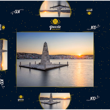 Darstellung des Puzzle Motivs Obelisk in der Bucht von Argostoli im Sonnenuntergang, Insel Kefalonia, Ionische Inseln, Griechenland 100 Puzzle Schachtel 3D Modell