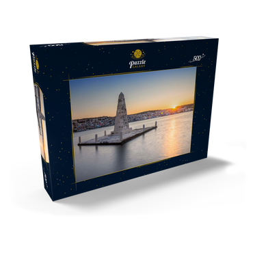 Darstellung des Puzzle Motivs Obelisk in der Bucht von Argostoli im Sonnenuntergang, Insel Kefalonia, Ionische Inseln, Griechenland 500 Puzzle Schachtel Ansicht2