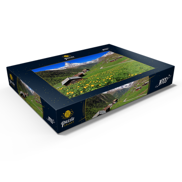 Darstellung des Puzzle Motivs Frühlingswiese mit Trollblumen (Trollius europaeus) beim Weiler Findeln gegen Matterhorn (4478m), Zermatt 1000 Puzzle Schachtel Ansicht1