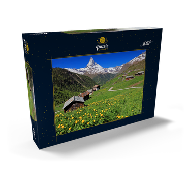 Darstellung des Puzzle Motivs Frühlingswiese mit Trollblumen (Trollius europaeus) beim Weiler Findeln gegen Matterhorn (4478m), Zermatt 1000 Puzzle Schachtel Ansicht2