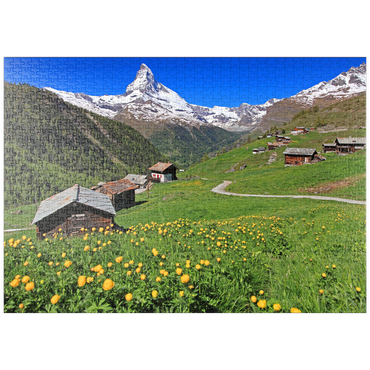 Darstellung des Puzzle Motivs puzzleplate Frühlingswiese mit Trollblumen (Trollius europaeus) beim Weiler Findeln gegen Matterhorn (4478m), Zermatt 1000 Puzzle