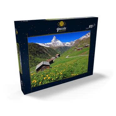 Darstellung des Puzzle Motivs Frühlingswiese mit Trollblumen (Trollius europaeus) beim Weiler Findeln gegen Matterhorn (4478m), Zermatt 100 Puzzle Schachtel Ansicht2