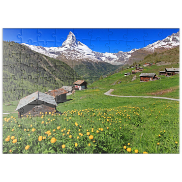 Darstellung des Puzzle Motivs puzzleplate Frühlingswiese mit Trollblumen (Trollius europaeus) beim Weiler Findeln gegen Matterhorn (4478m), Zermatt 100 Puzzle