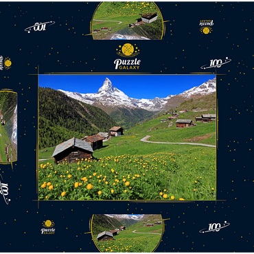 Darstellung des Puzzle Motivs Frühlingswiese mit Trollblumen (Trollius europaeus) beim Weiler Findeln gegen Matterhorn (4478m), Zermatt 100 Puzzle Schachtel 3D Modell